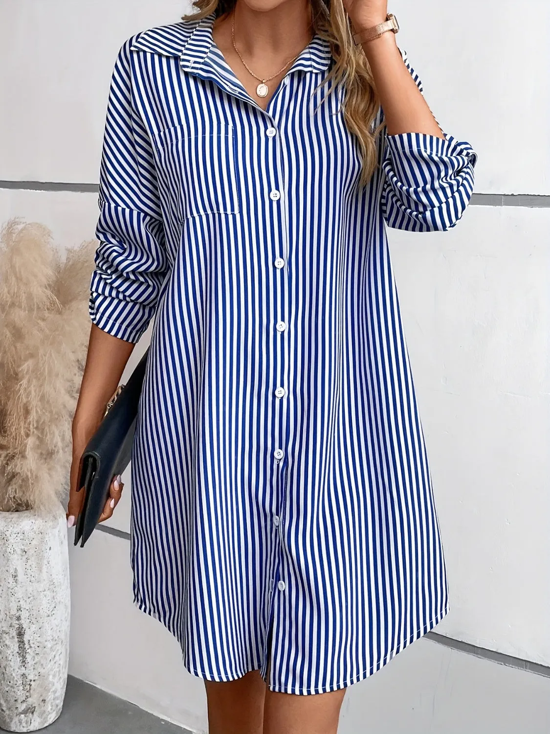 Striped Button Up Long Sleeve Mini Shirt Dress sold by Charming Charlie product image thumbnail 5