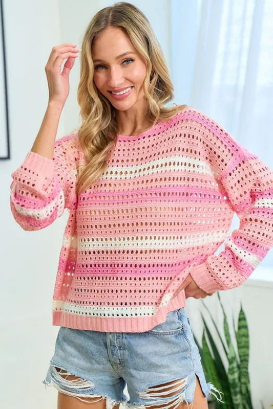 First Love Striped Long Sleeve Openwork Knit Top sold by Charming Charlie