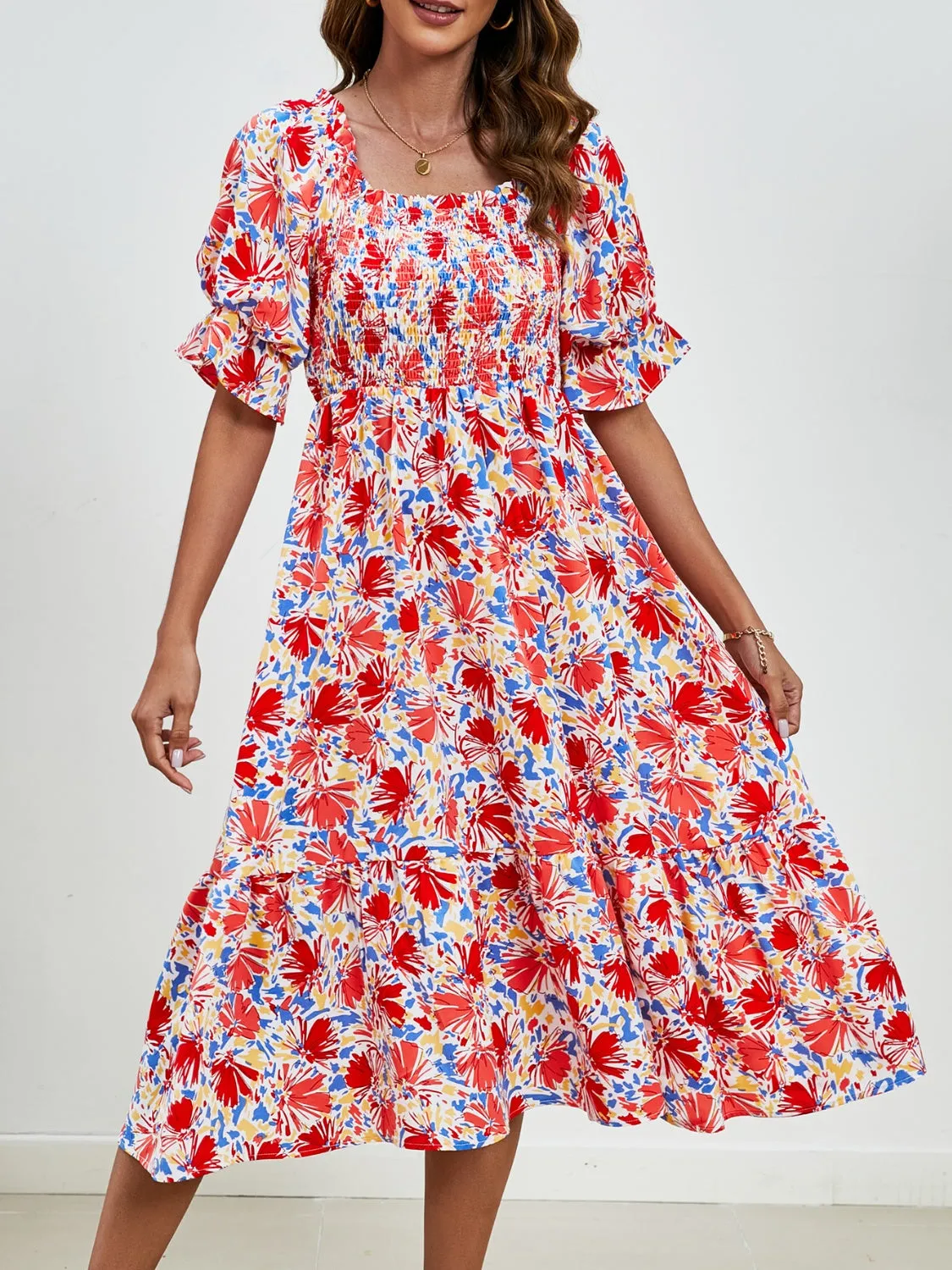Smocked Floral Square Neck Short Sleeve Dress sold by Charming Charlie product image thumbnail 5