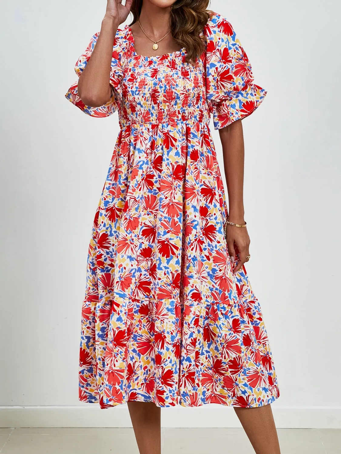 Smocked Floral Square Neck Short Sleeve Dress sold by Charming Charlie product image thumbnail 2