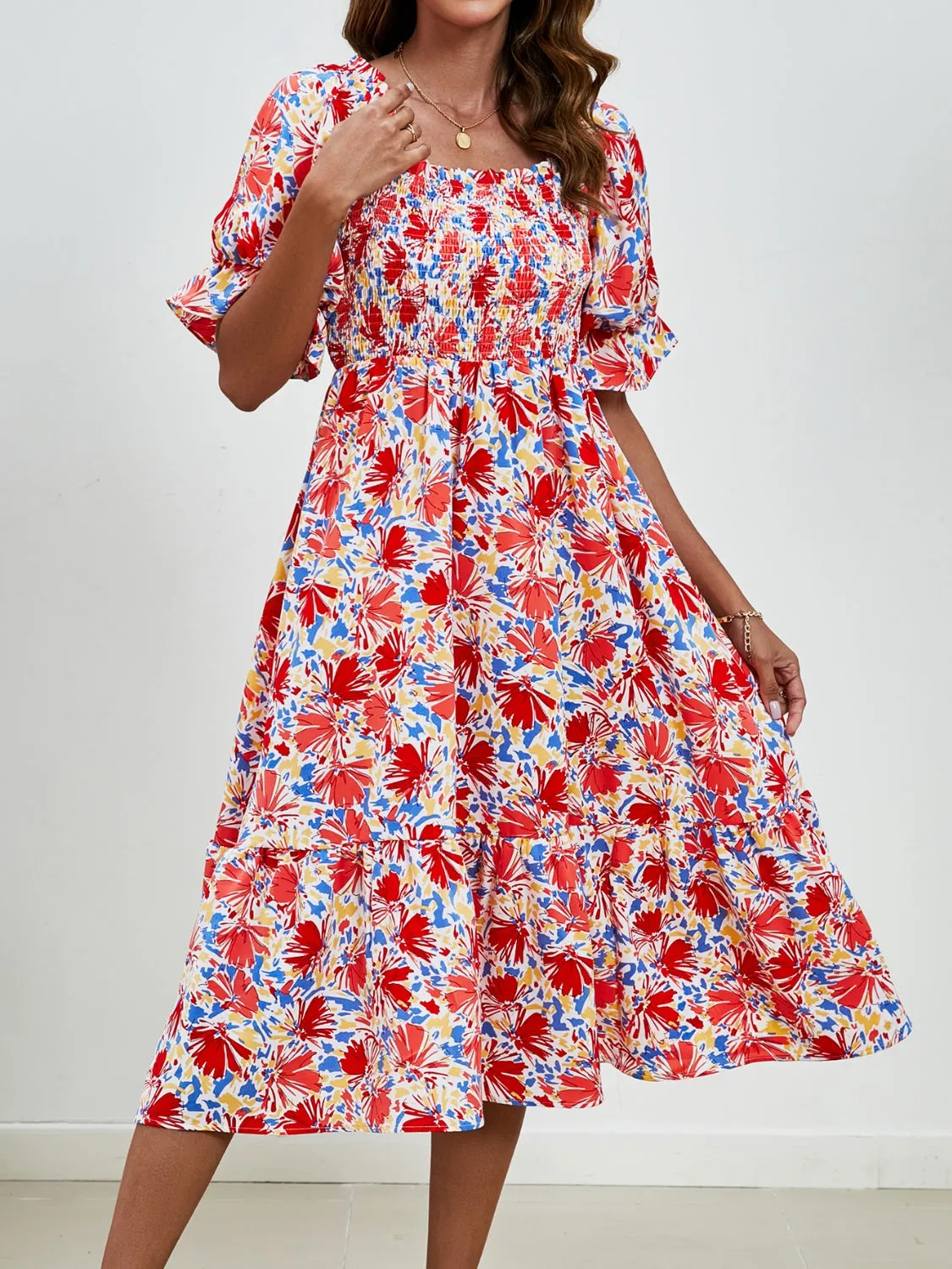 Smocked Floral Square Neck Short Sleeve Dress sold by Charming Charlie product image thumbnail 3