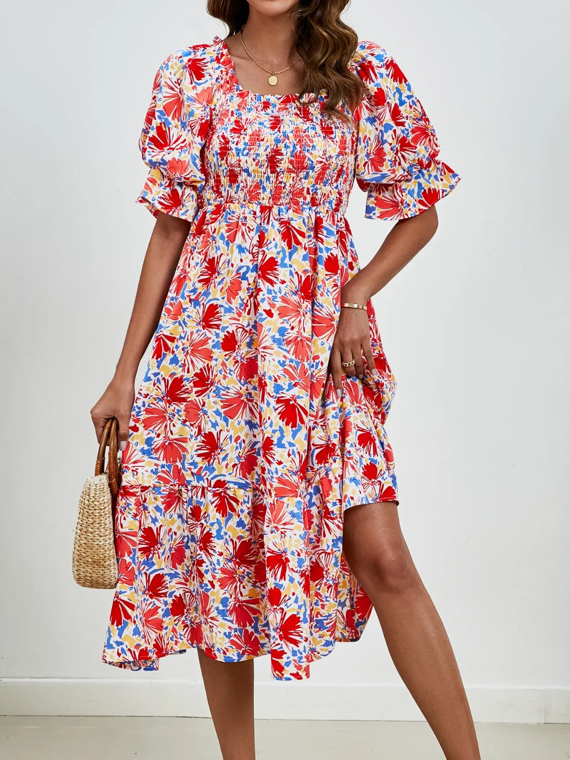 Smocked Floral Square Neck Short Sleeve Dress sold by Charming Charlie