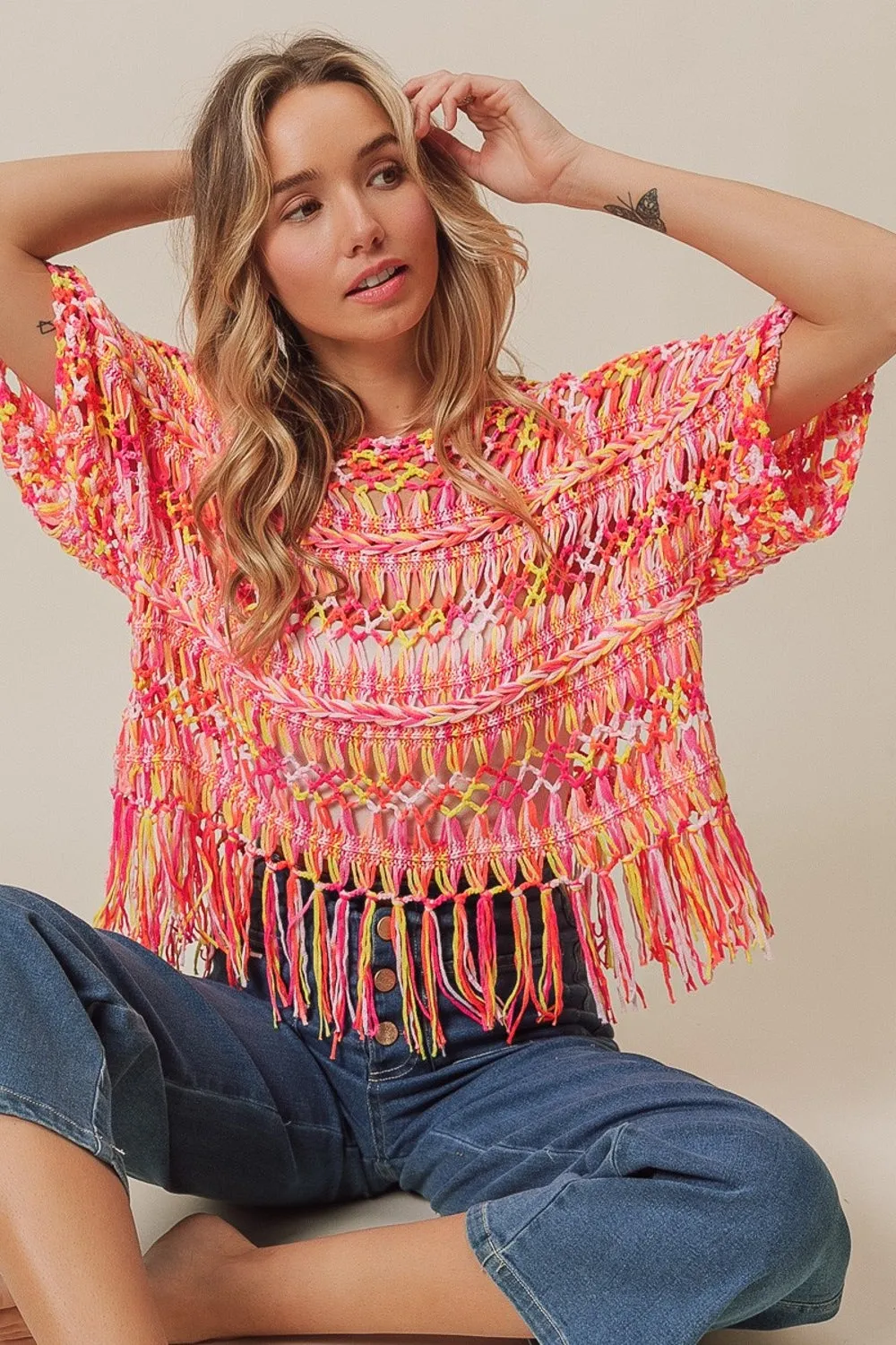 BiBi Openwork Fringed Knit Cover Up sold by Charming Charlie