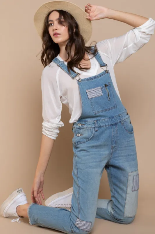 POL Front Chest Zipper Slim Leg Denim Overalls sold by Charming Charlie