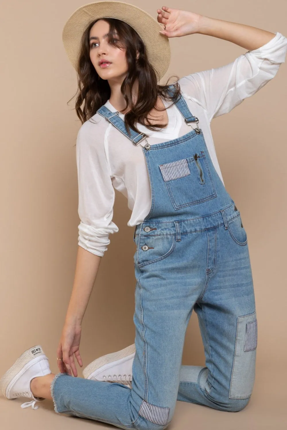 POL Front Chest Zipper Slim Leg Denim Overalls sold by Charming Charlie