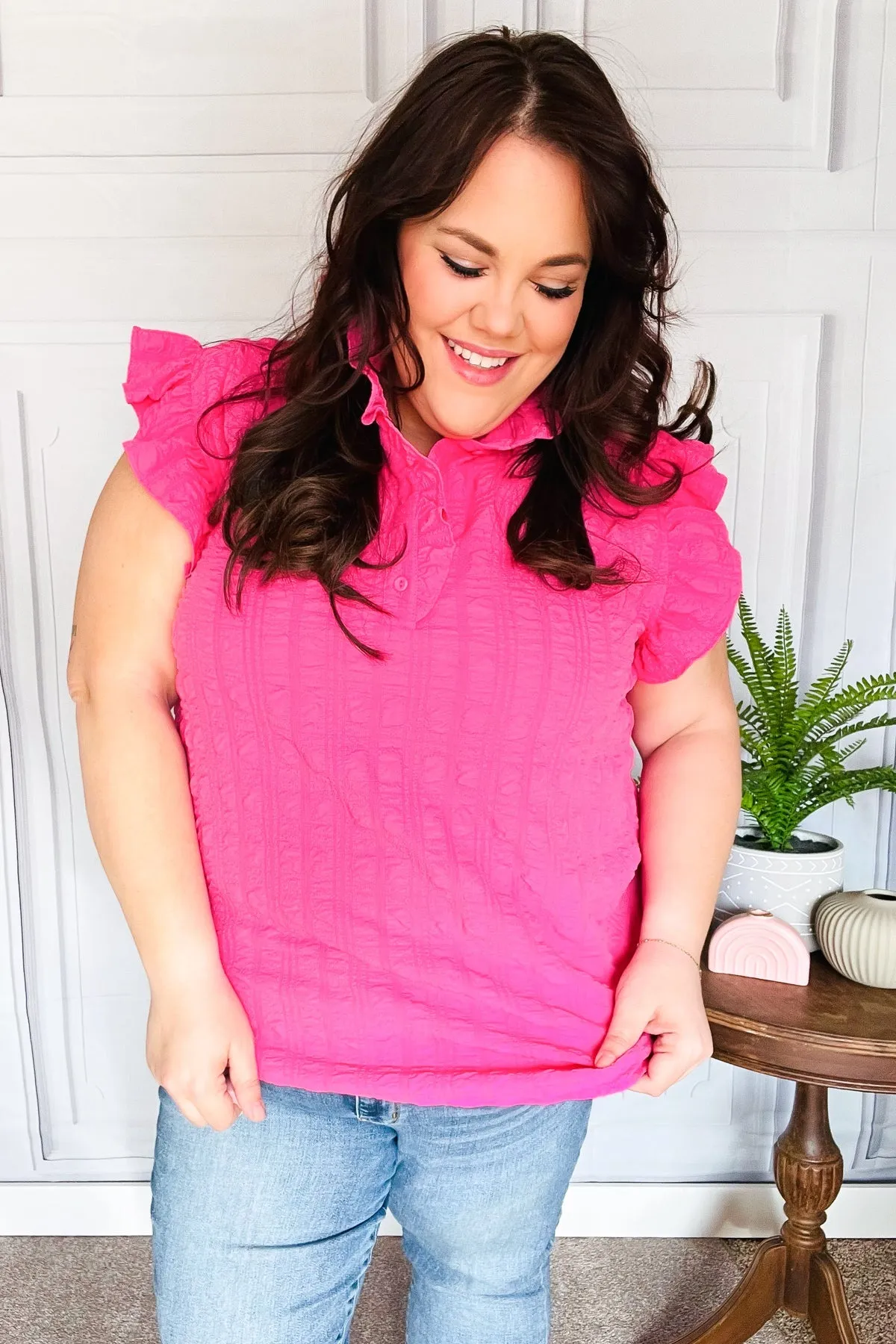 Glamorous In Hot Pink Textured Ruffle Mock Neck Top sold by Charming Charlie product image thumbnail 4