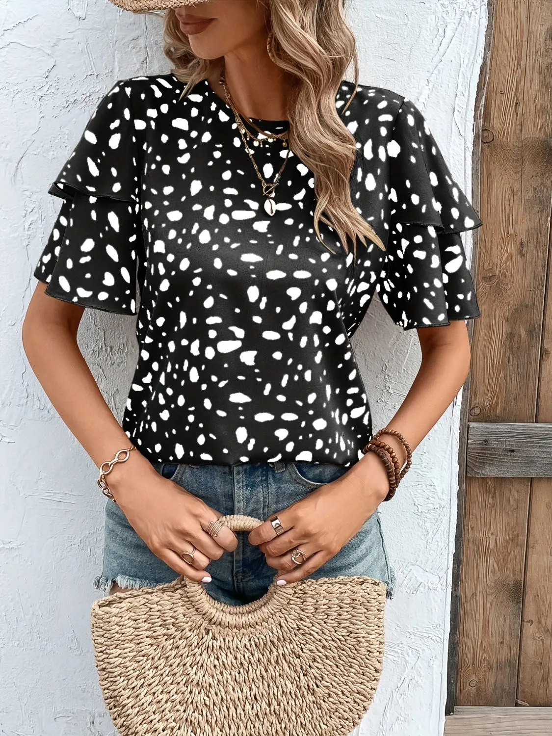 Printed Round Neck Short Sleeve Blouse sold by Charming Charlie