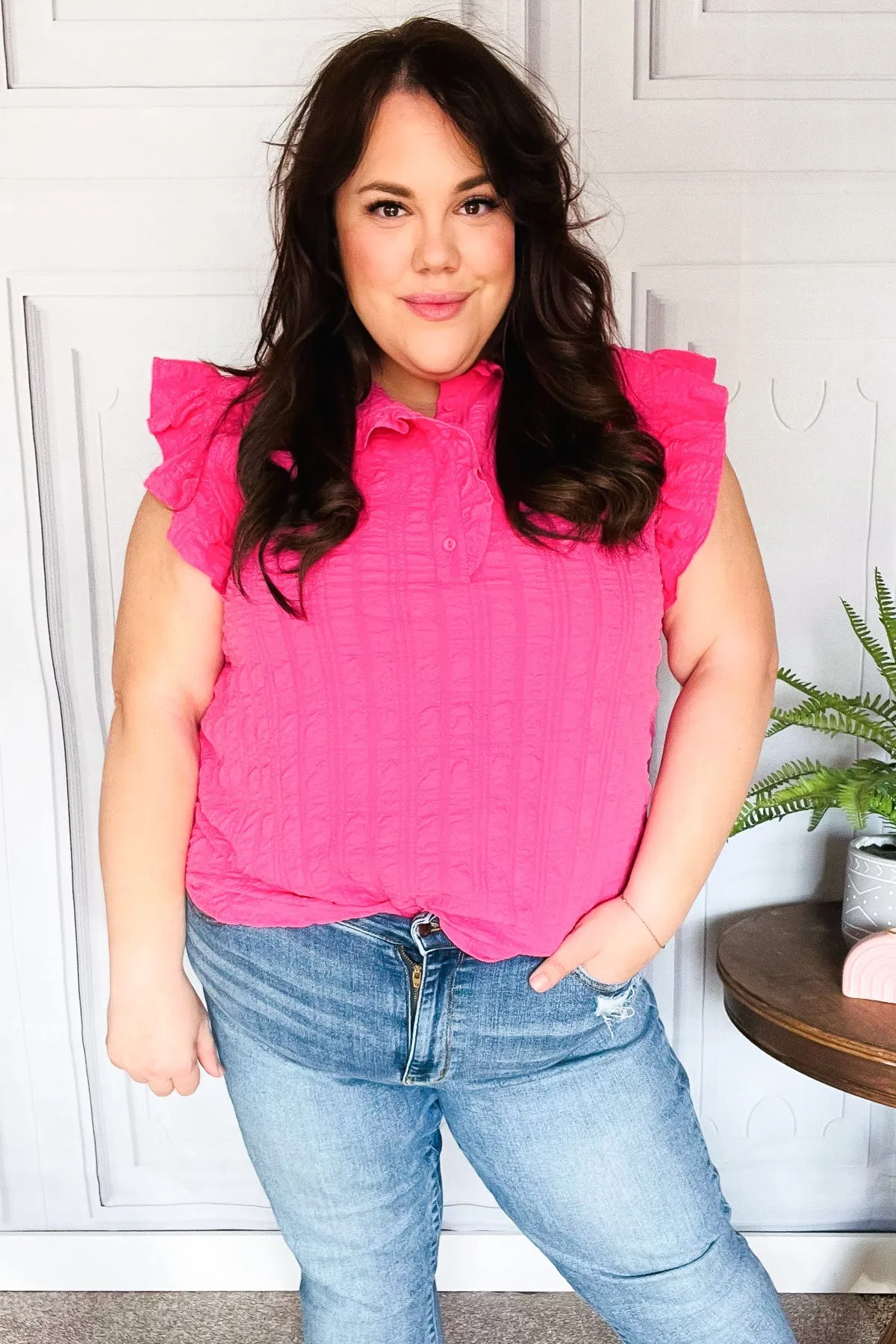 Glamorous In Hot Pink Textured Ruffle Mock Neck Top sold by Charming Charlie product image thumbnail 5