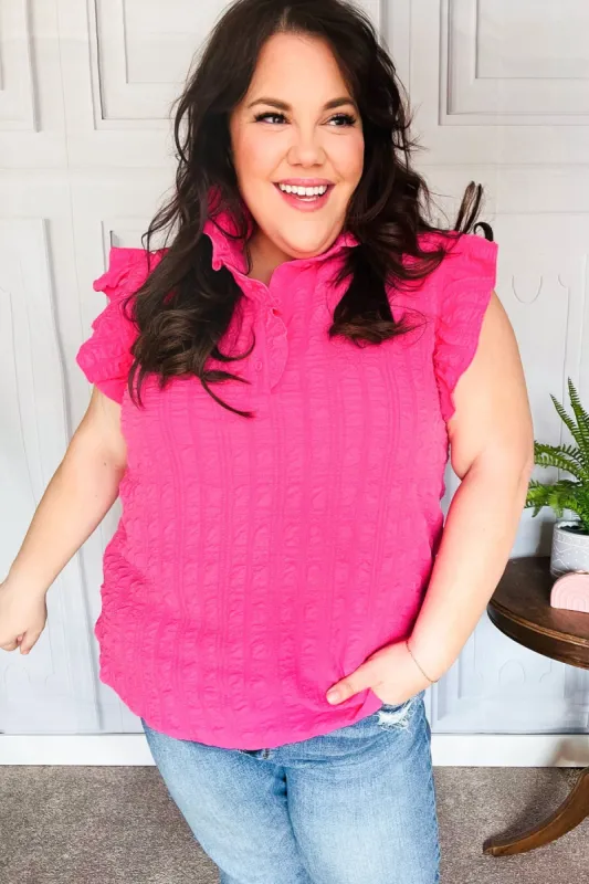 Glamorous In Hot Pink Textured Ruffle Mock Neck Top sold by Charming Charlie