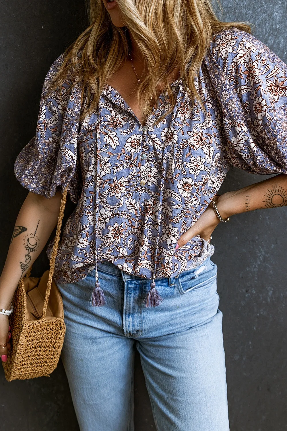 Printed Tie Neck Half Sleeve Blouse sold by Charming Charlie product image thumbnail 3