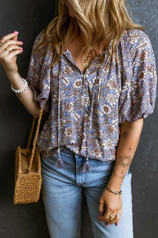Printed Tie Neck Half Sleeve Blouse sold by Charming Charlie