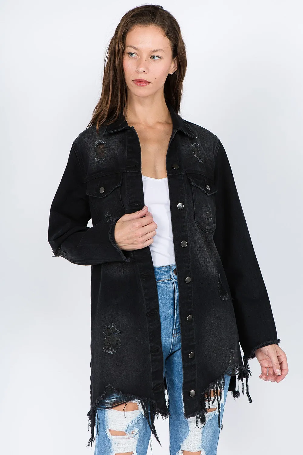 American Bazi Distressed Frayed Hem Denim Jacket sold by Charming Charlie