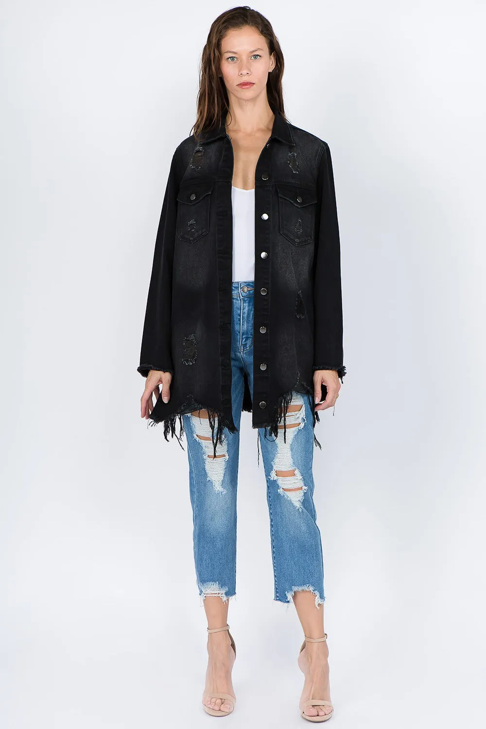 American Bazi Distressed Frayed Hem Denim Jacket sold by Charming Charlie product image thumbnail 4