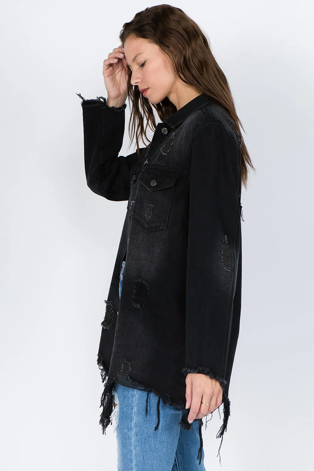 American Bazi Distressed Frayed Hem Denim Jacket sold by Charming Charlie product image thumbnail 3