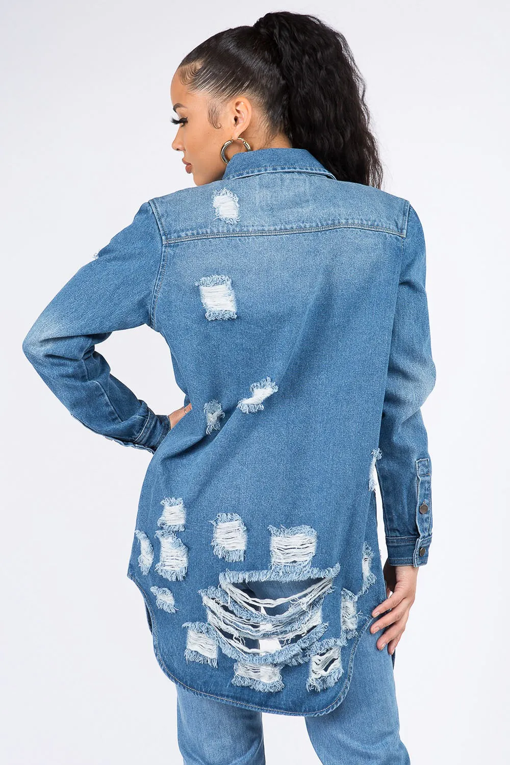 American Bazi Distressed Button Down Denim Shirt Jacket sold by Charming Charlie product image thumbnail 2