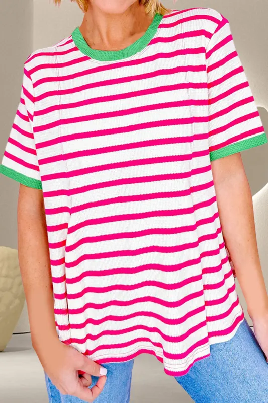 Striped Round Neck Short Sleeve T-Shirt sold by Charming Charlie