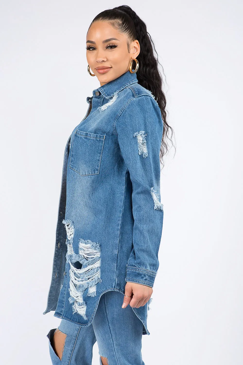 American Bazi Distressed Button Down Denim Shirt Jacket sold by Charming Charlie product image thumbnail 3