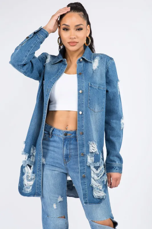 American Bazi Distressed Button Down Denim Shirt Jacket sold by Charming Charlie