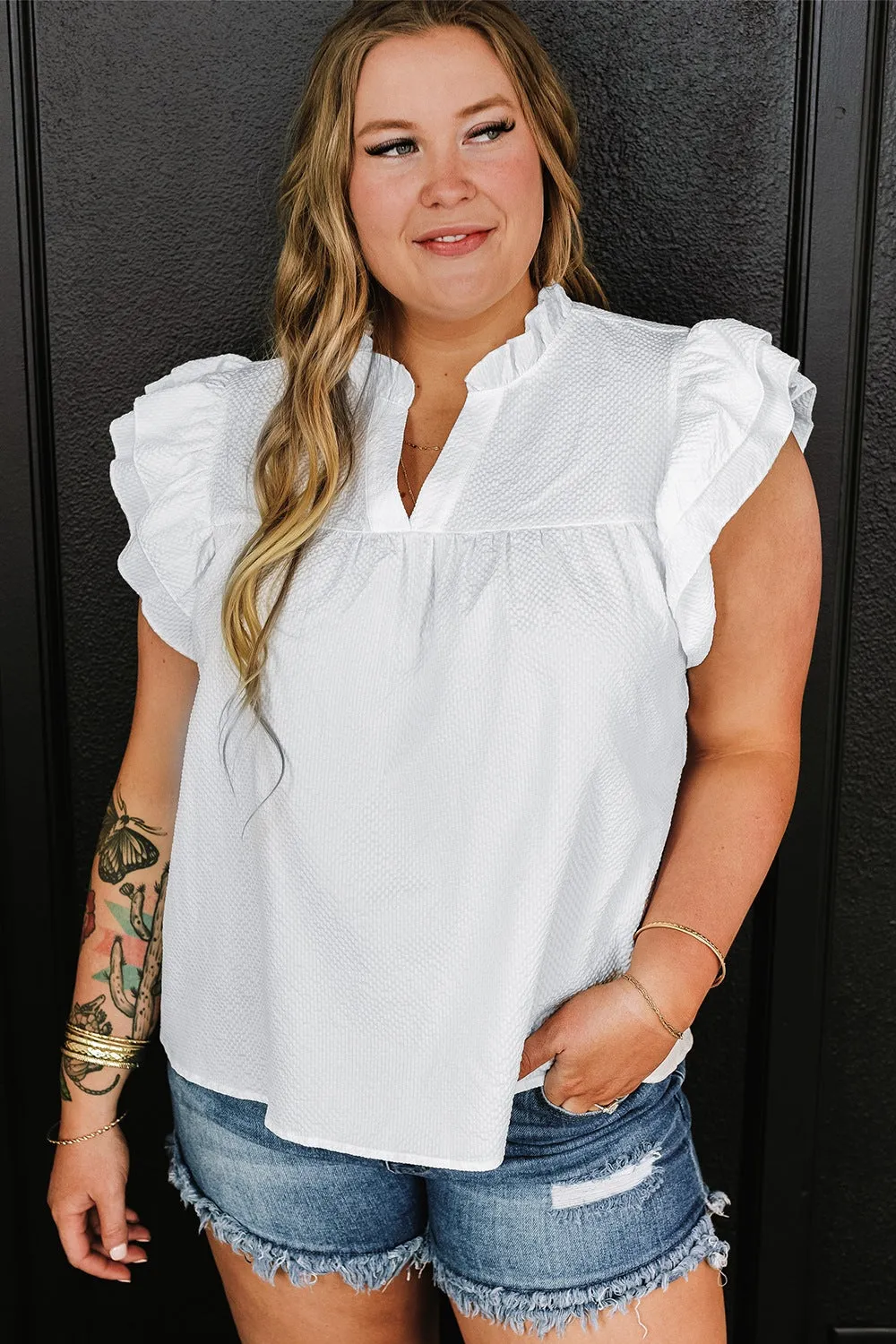 Plus Size Ruffled Notched Cap Sleeve Blouse sold by Charming Charlie product image thumbnail 2