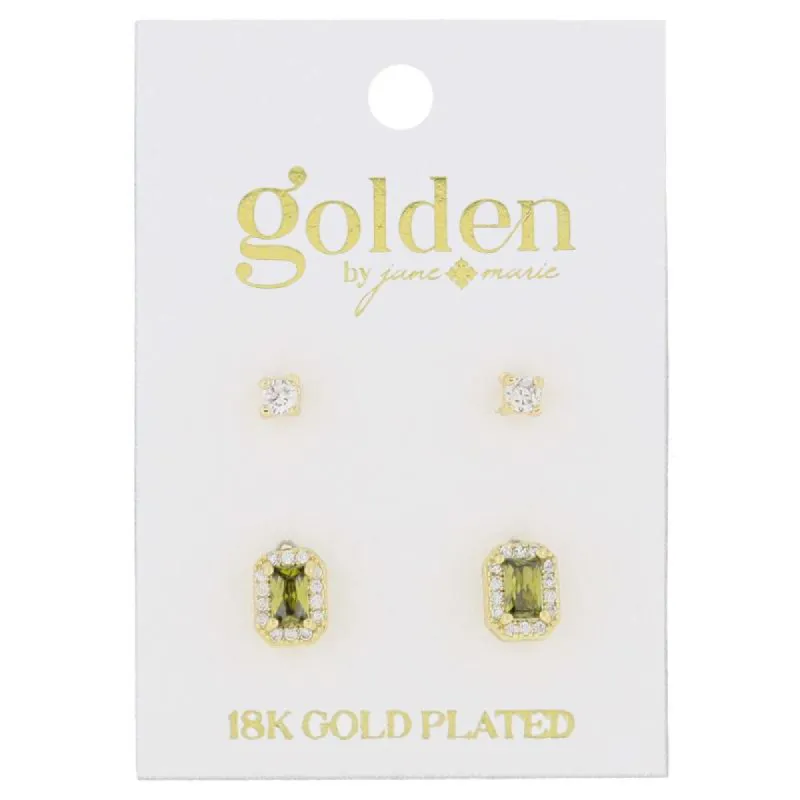 18K Gold Plated 2 Stud Set, Crystal, Peridot Baguette Earrings, .15", .35" Top to Bottom sold by Charming Charlie