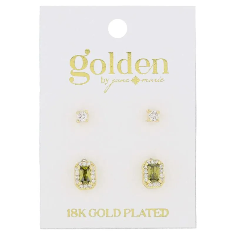 18K Gold Plated 2 Stud Set, Crystal, Peridot Baguette Earrings, .15", .35" Top to Bottom sold by Charming Charlie