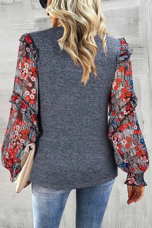 Women Ruffle Tiered Floral Sleeve Crew Neck Blouse sold by Charming Charlie product image thumbnail 4