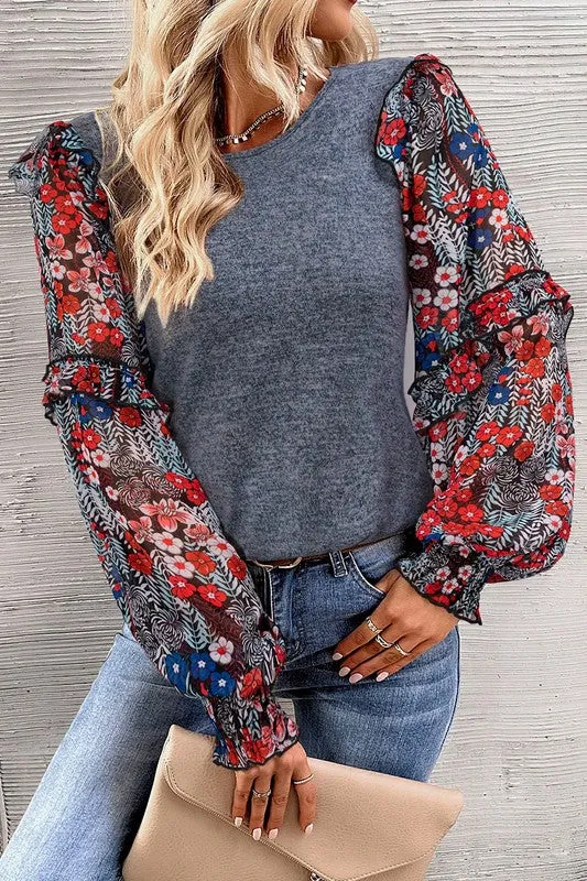 Women Ruffle Tiered Floral Sleeve Crew Neck Blouse sold by Charming Charlie