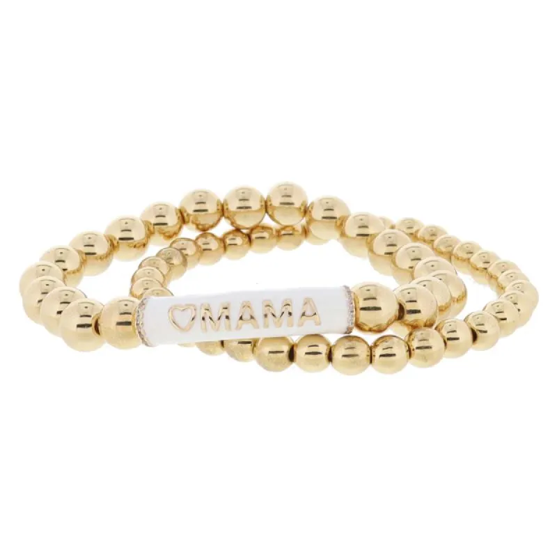 Set of 2, Gold Ball, White Enamel "?MAMA" Bar with Crystal Accents on Gold Ball Bracelet, 8" Around sold by Charming Charlie