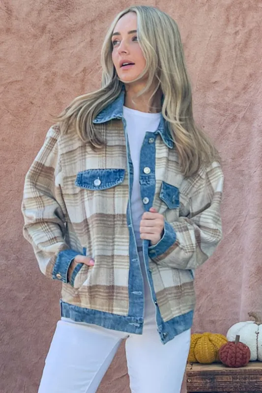And The Why Full Size Washed Denim Detail Brushed Plaid Jacket sold by Charming Charlie