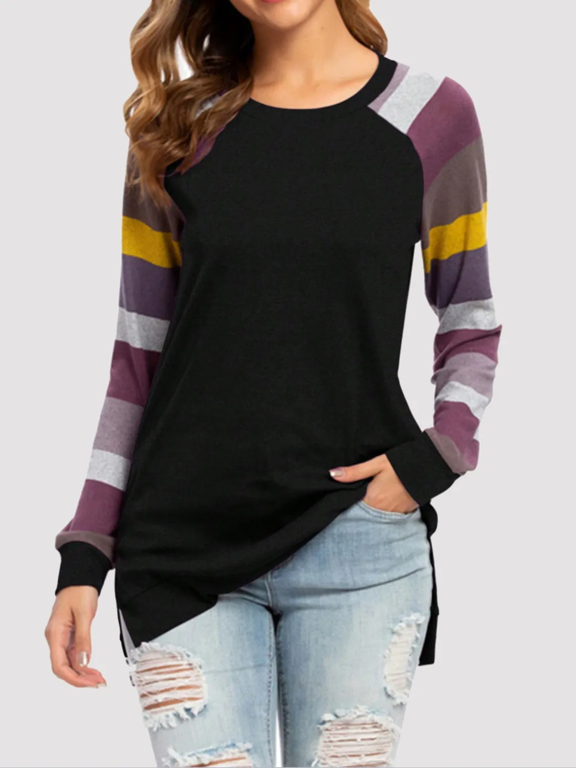 Color Block Round Neck Long Sleeve T-Shirt sold by Charming Charlie