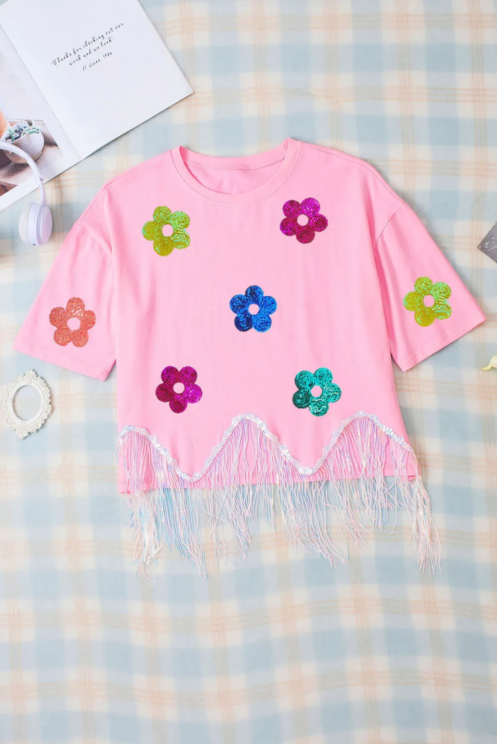 Sequin Flower Round Neck Half Sleeve T-Shirt sold by Charming Charlie product image thumbnail 5