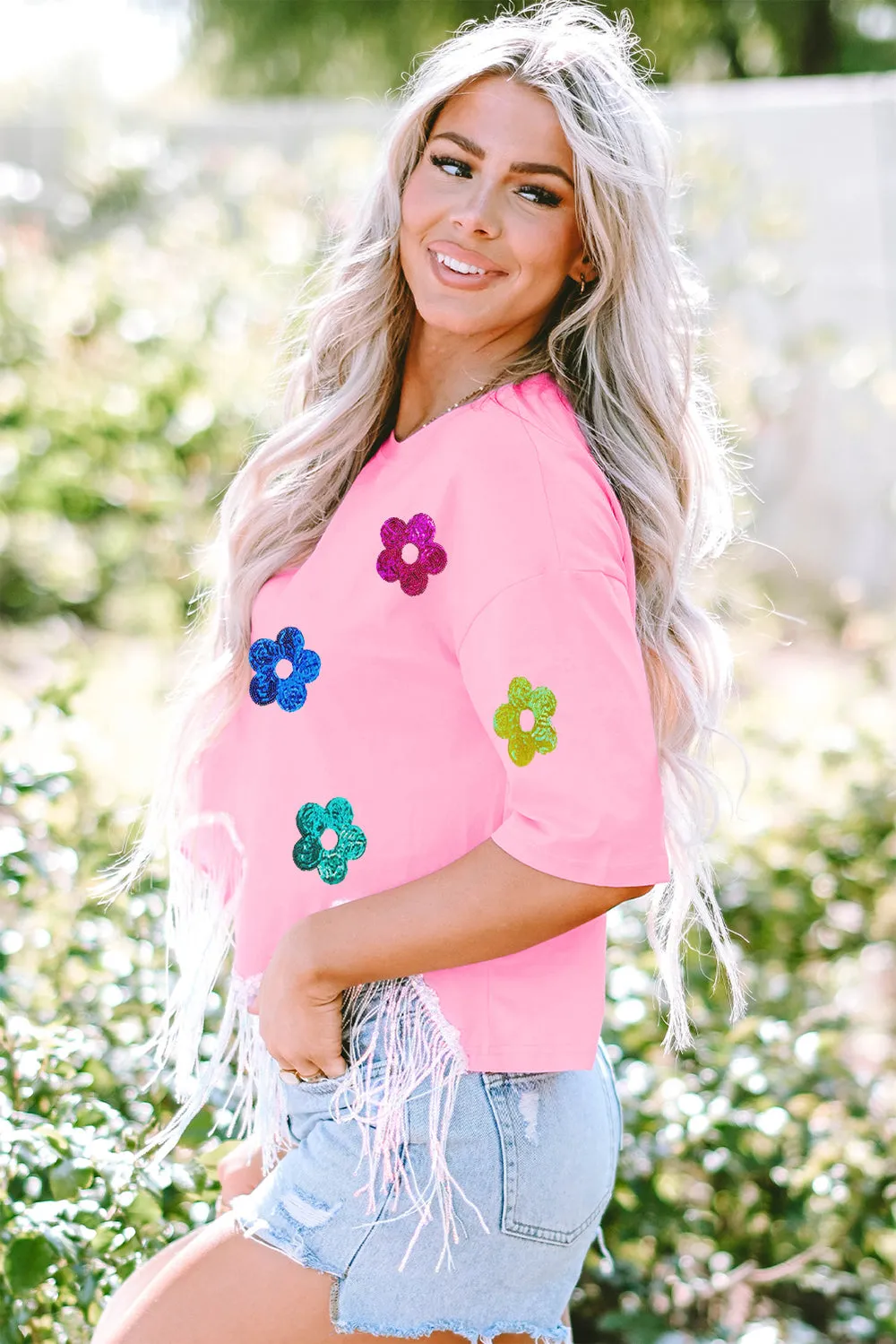 Sequin Flower Round Neck Half Sleeve T-Shirt sold by Charming Charlie product image thumbnail 2