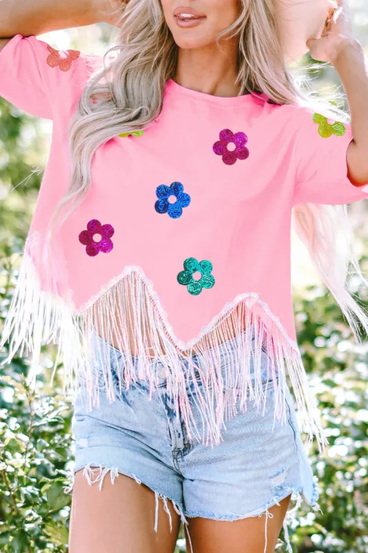 Sequin Flower Round Neck Half Sleeve T-Shirt sold by Charming Charlie