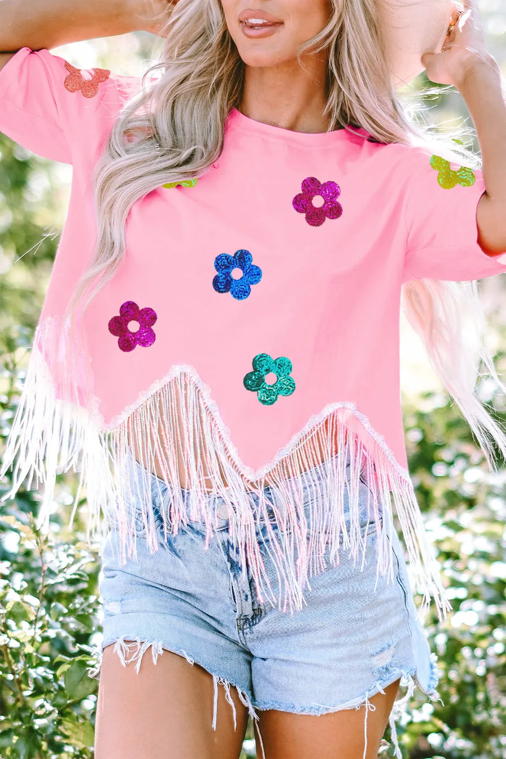 Sequin Flower Round Neck Half Sleeve T-Shirt sold by Charming Charlie