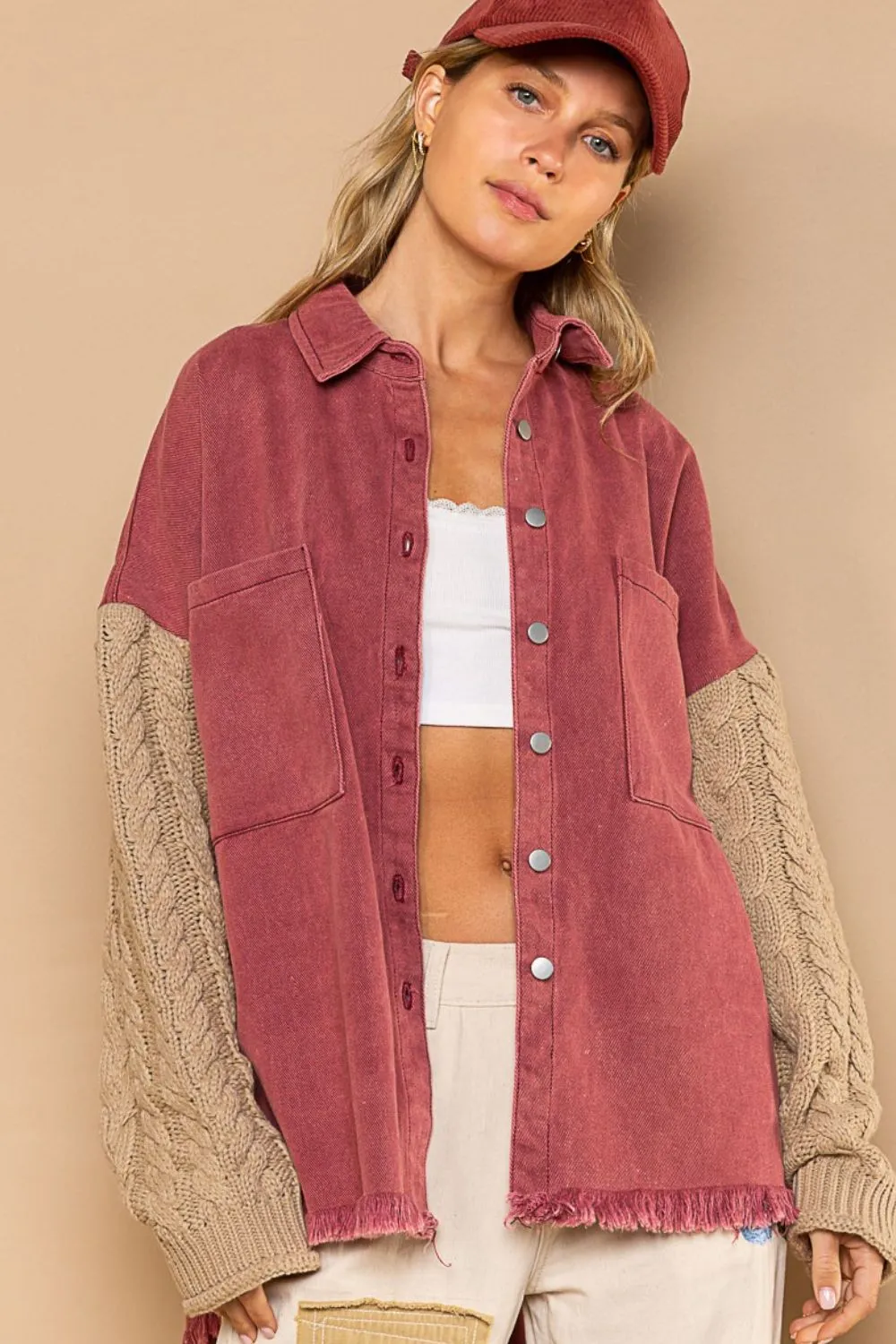 POL Contrast Sweater Sleeve Button Down Shacket sold by Charming Charlie