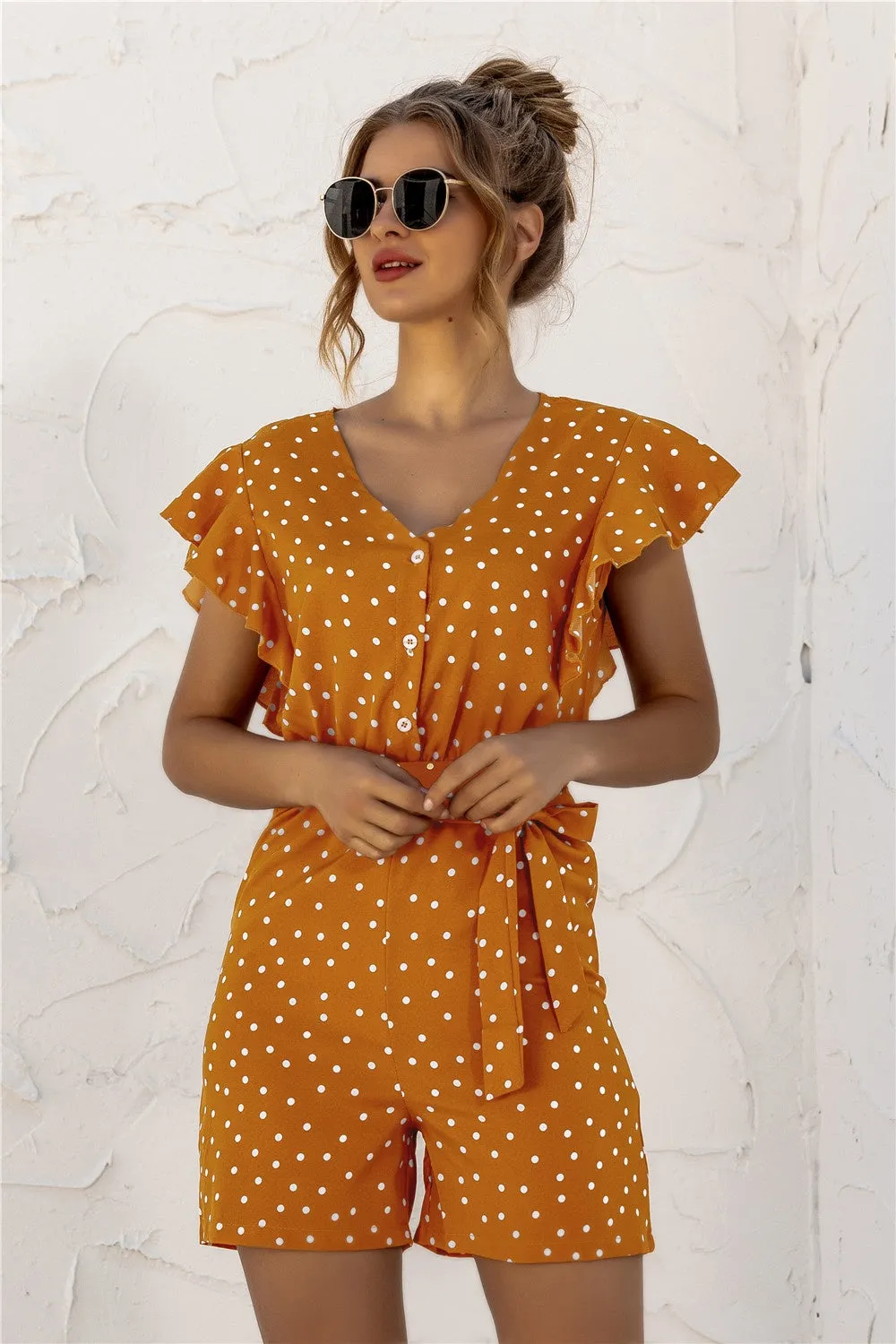 Ruffled Polka Dot Half Button Romper sold by Charming Charlie product image thumbnail 3