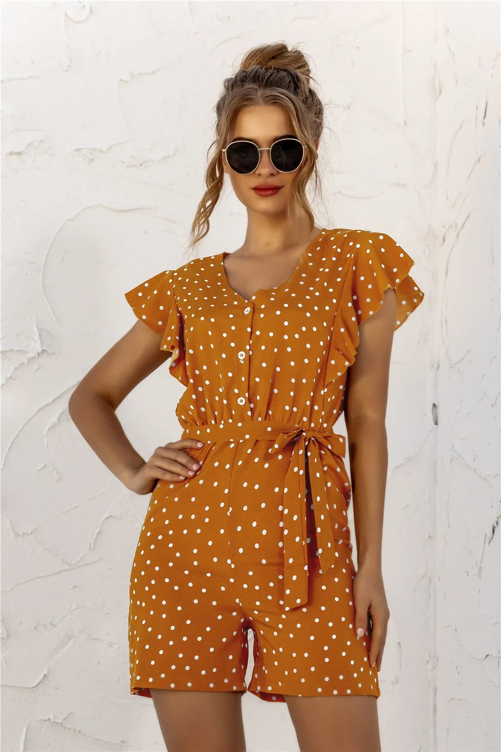 Ruffled Polka Dot Half Button Romper sold by Charming Charlie product image thumbnail 5
