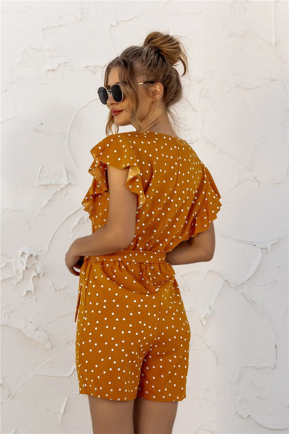 Ruffled Polka Dot Half Button Romper sold by Charming Charlie product image thumbnail 2
