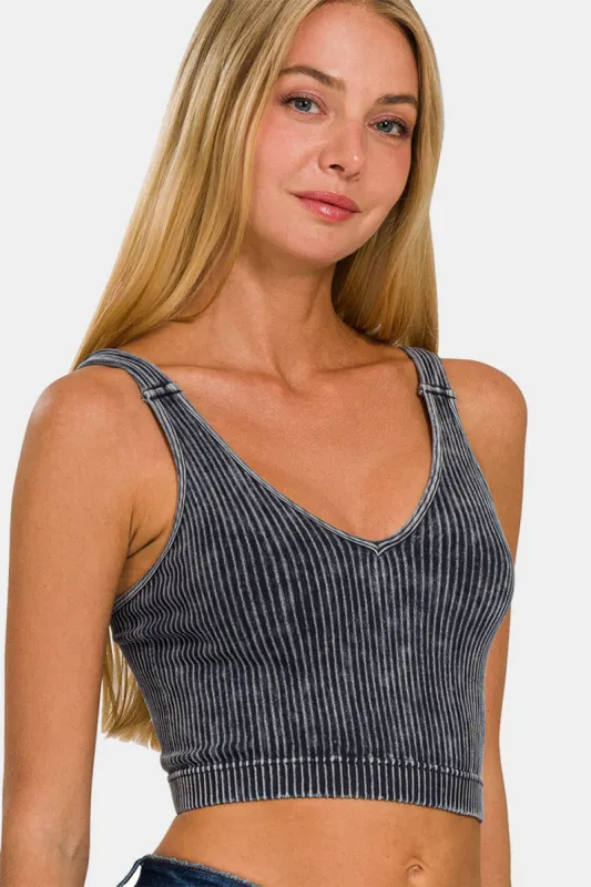 Zenana Washed Ribbed Cropped V-Neck Tank sold by Charming Charlie