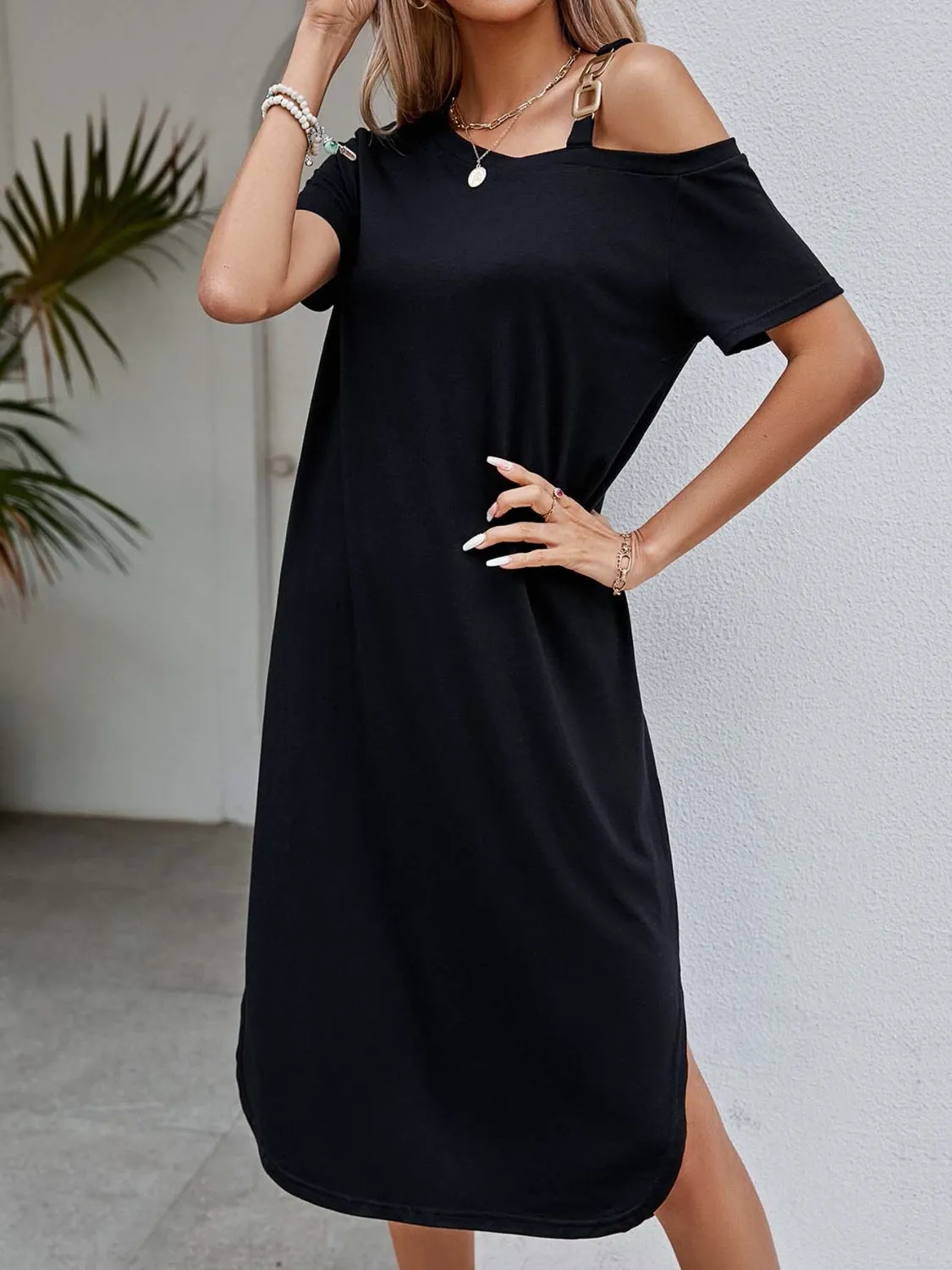 Slit Asymmetrical Neck Short Sleeve Dress sold by Charming Charlie product image thumbnail 5
