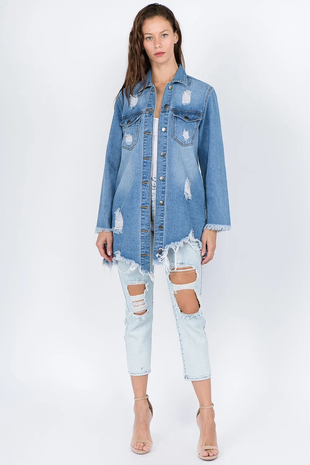 American Bazi Distressed Frayed Hem Denim Jacket sold by Charming Charlie product image thumbnail 4