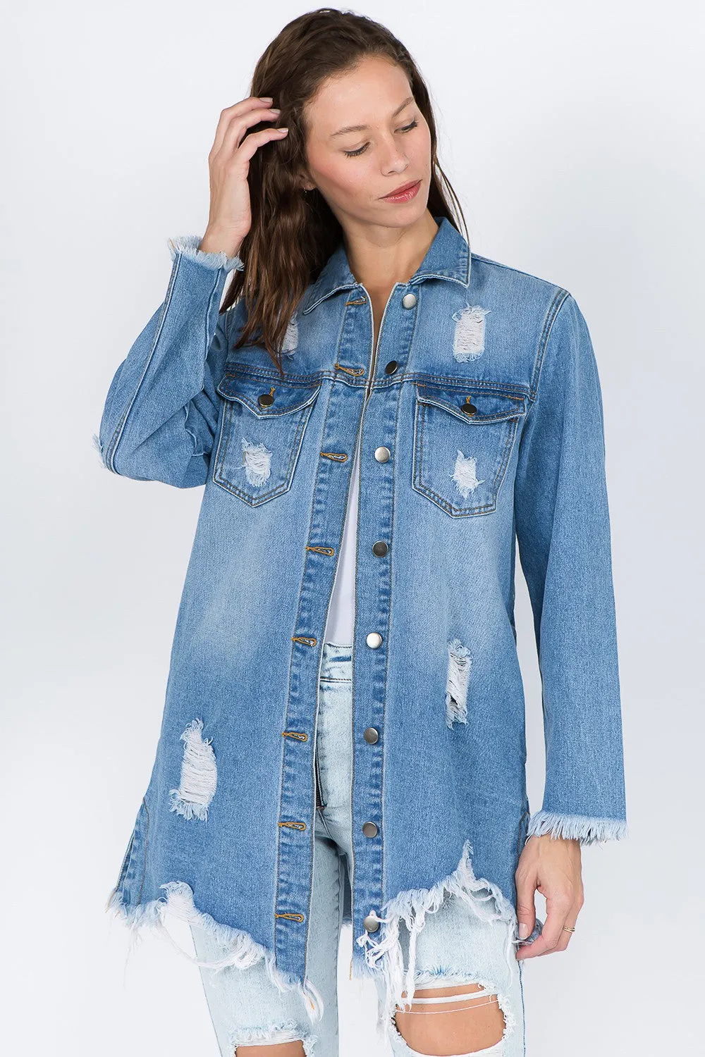 American Bazi Distressed Frayed Hem Denim Jacket sold by Charming Charlie