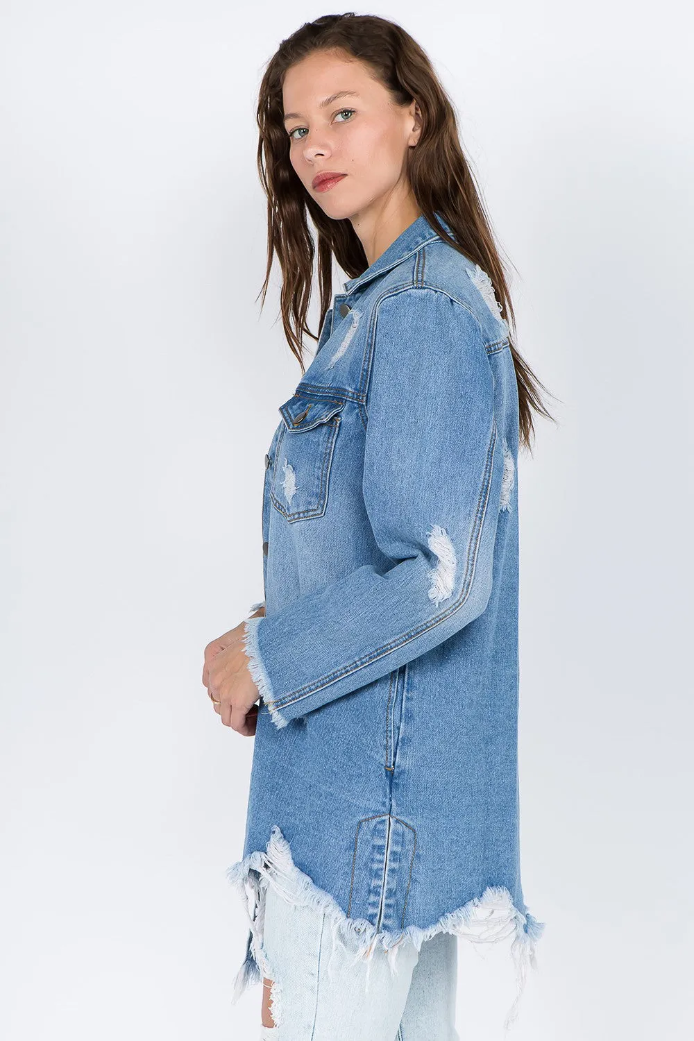 American Bazi Distressed Frayed Hem Denim Jacket sold by Charming Charlie product image thumbnail 3