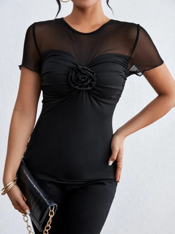 Rose Trim Round Neck Short Sleeve T-Shirt sold by Charming Charlie