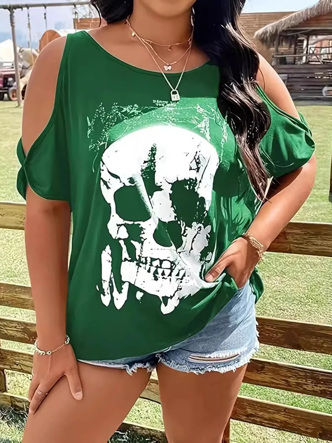 Plus Size Skeleton Graphic Round Neck Cold Shoulder T-Shirt sold by Charming Charlie product image thumbnail 4