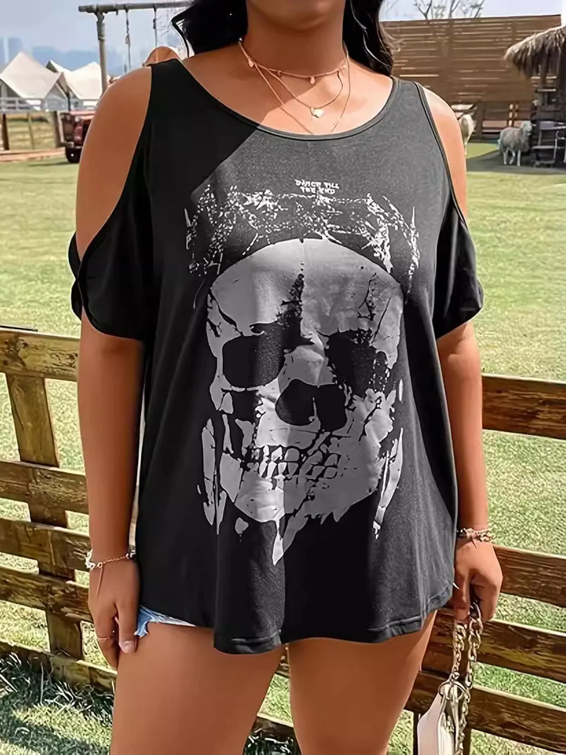 Plus Size Skeleton Graphic Round Neck Cold Shoulder T-Shirt sold by Charming Charlie