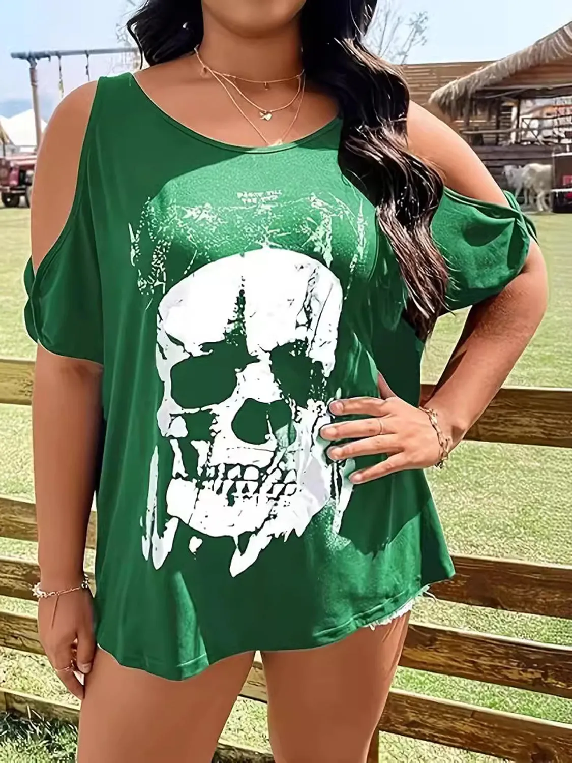 Plus Size Skeleton Graphic Round Neck Cold Shoulder T-Shirt sold by Charming Charlie product image thumbnail 5