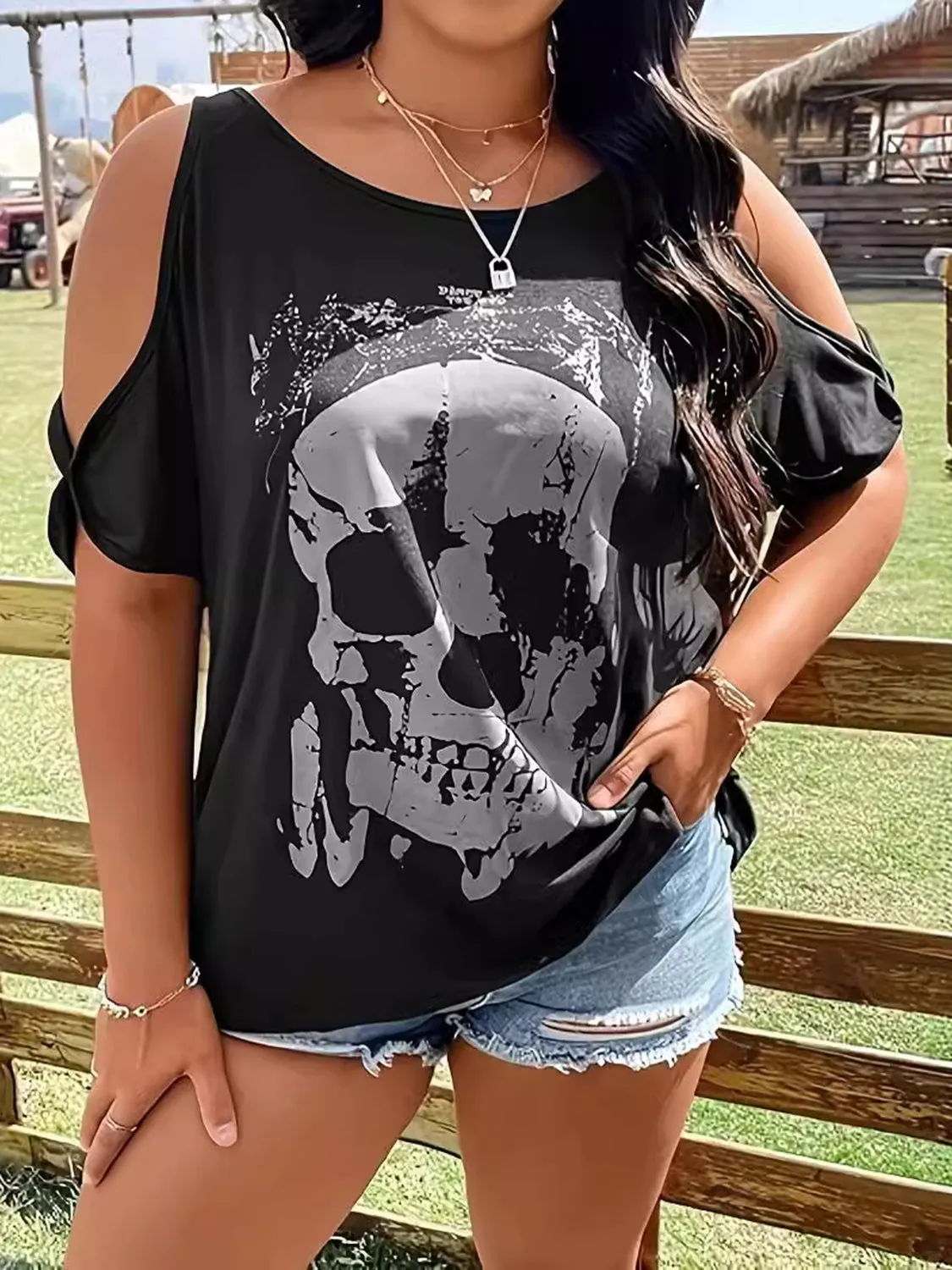 Plus Size Skeleton Graphic Round Neck Cold Shoulder T-Shirt sold by Charming Charlie product image thumbnail 2