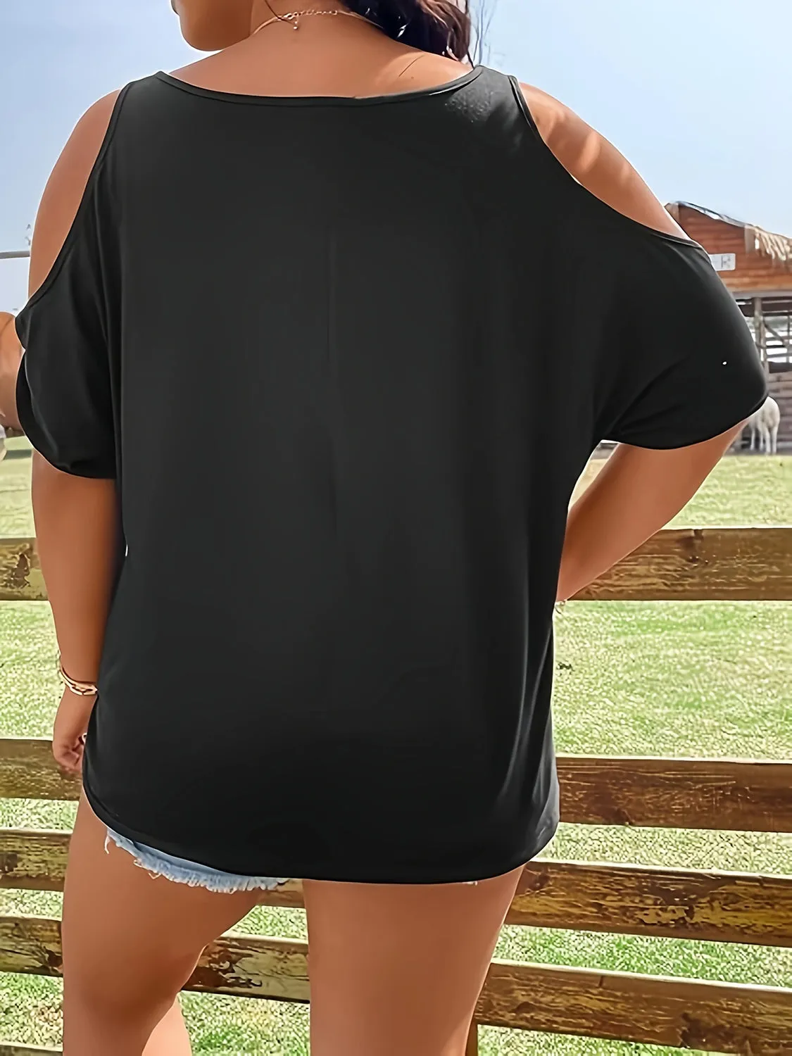 Plus Size Skeleton Graphic Round Neck Cold Shoulder T-Shirt sold by Charming Charlie product image thumbnail 3