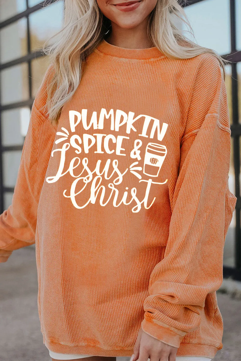 Letter Graphic Round Neck Long Sleeve Oversize Sweatshirt sold by Charming Charlie